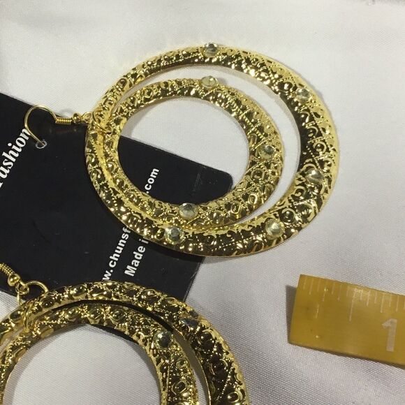 Gold Tone Embellished Double Hoop Earrings (UC3) - Picture 3 of 4